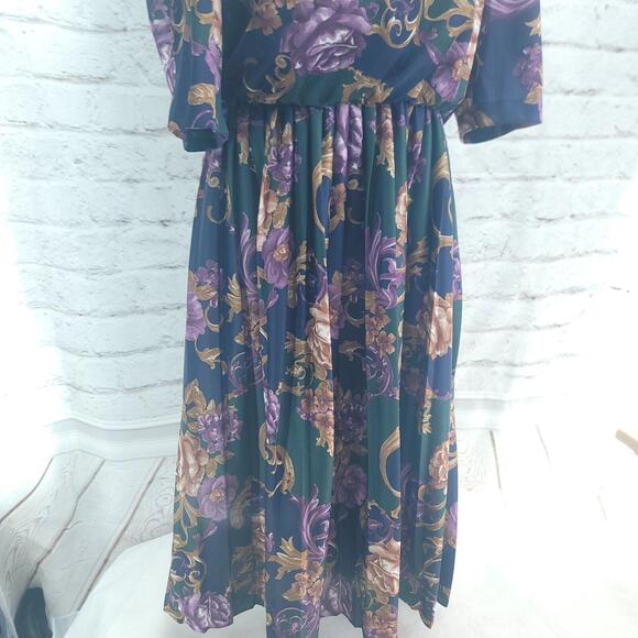 Vintage Elmora Green Blue Purple Flower Blouson Top Pleated Skirt Sizez 14 Dress - Picture 3 of 12